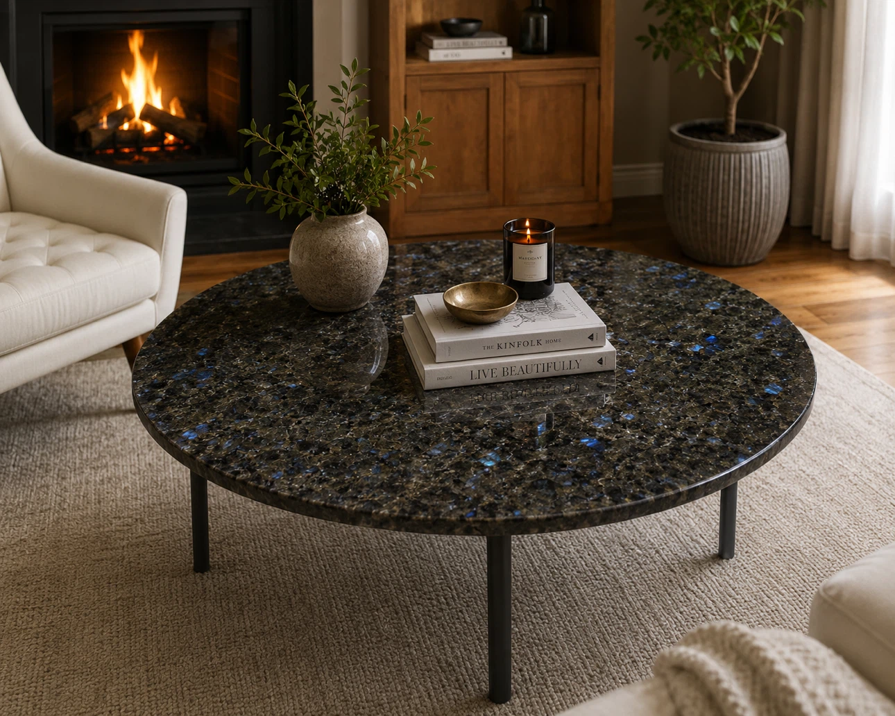 Large Round Labradorite / Blue Pearl Granite Coffee Table