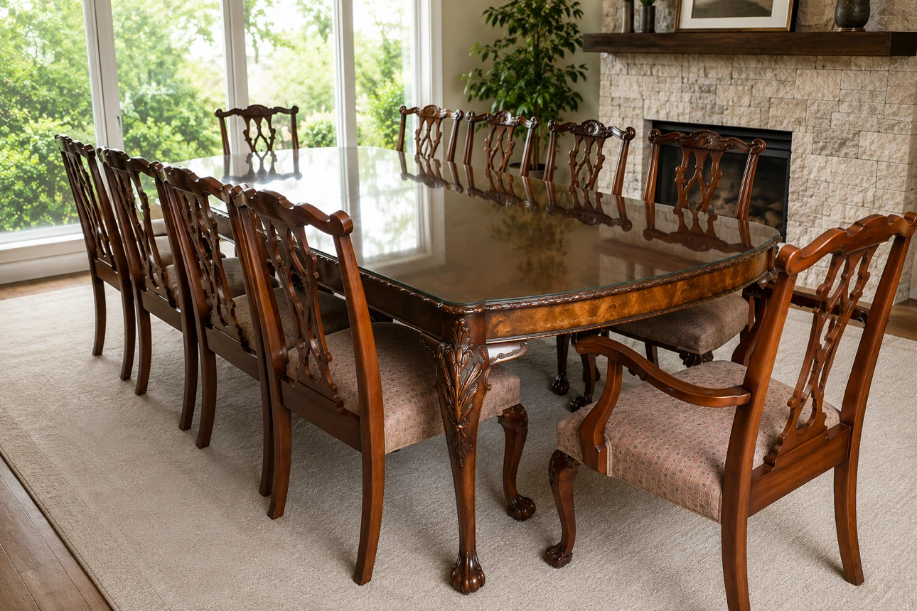 Antique Dining Table Set with 10 Chairs