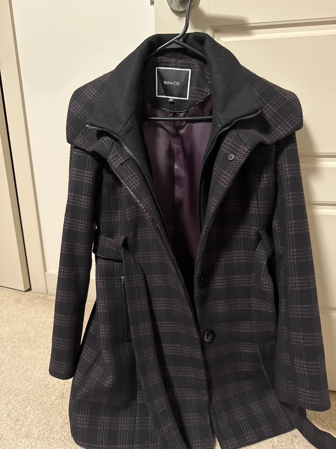 RW&CO Black Plaid Belted Coat Size M