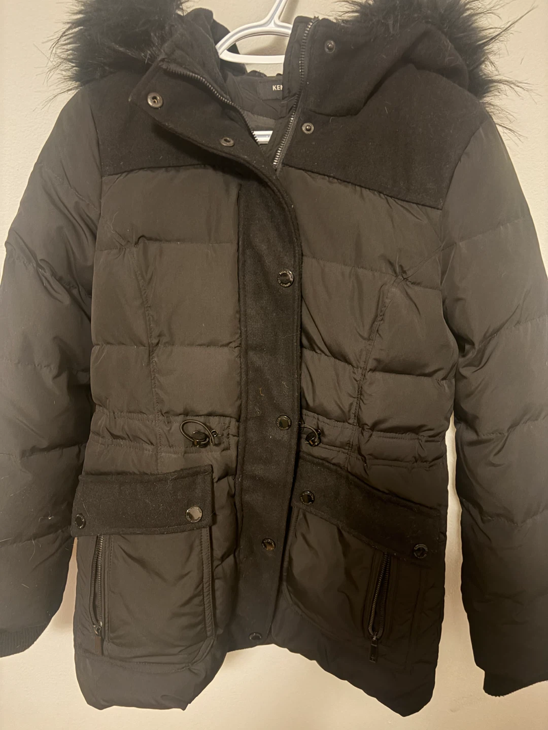 Kenneth Cole Black Puffer Jacket with Faux Fur Hood