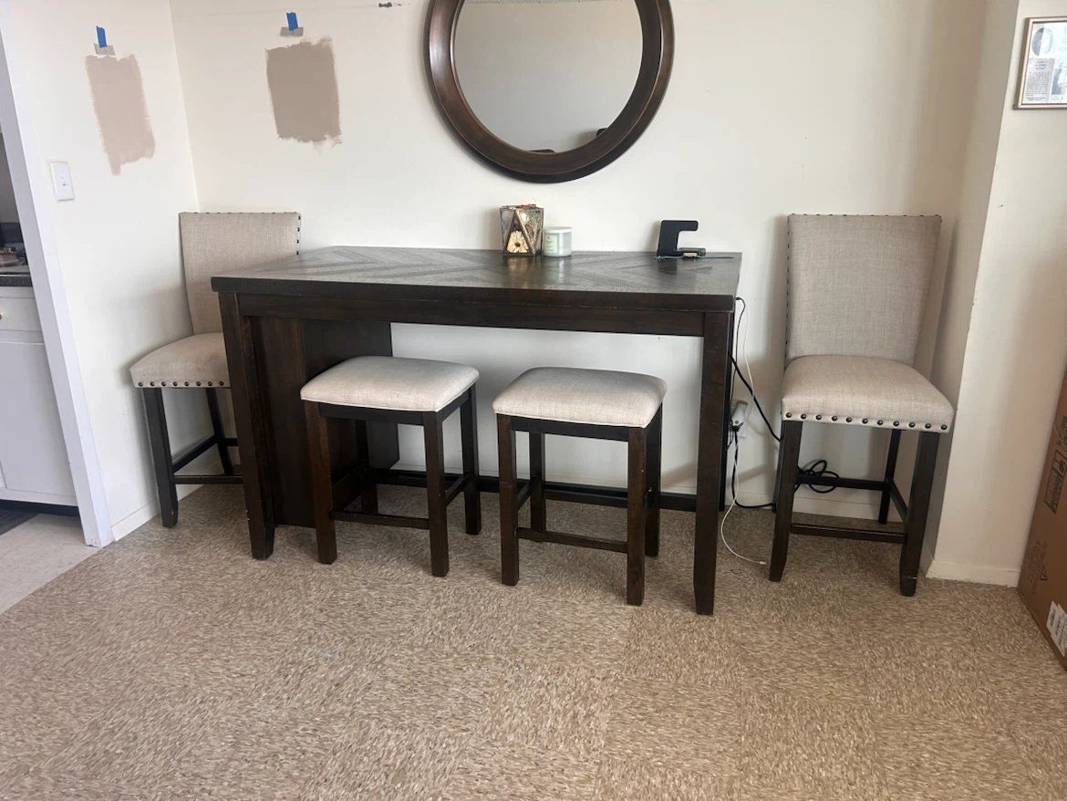 Dark Wood Bar Table Set with Four Stools