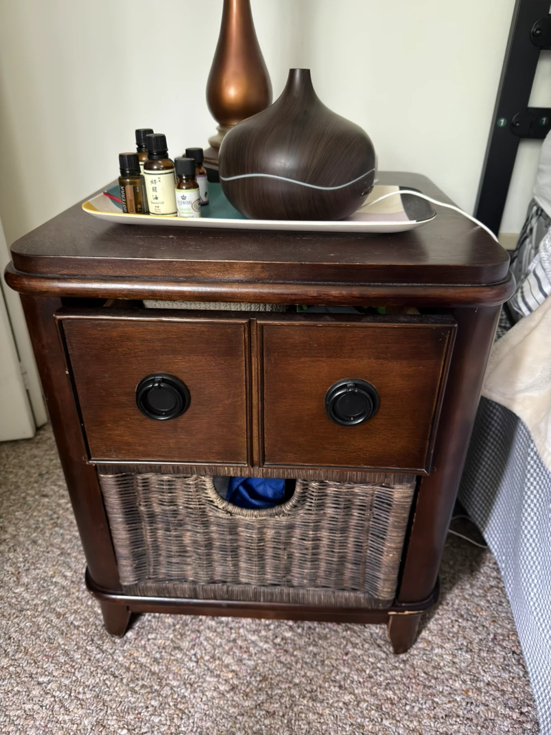 Wooden End Table with Drawer and Basket