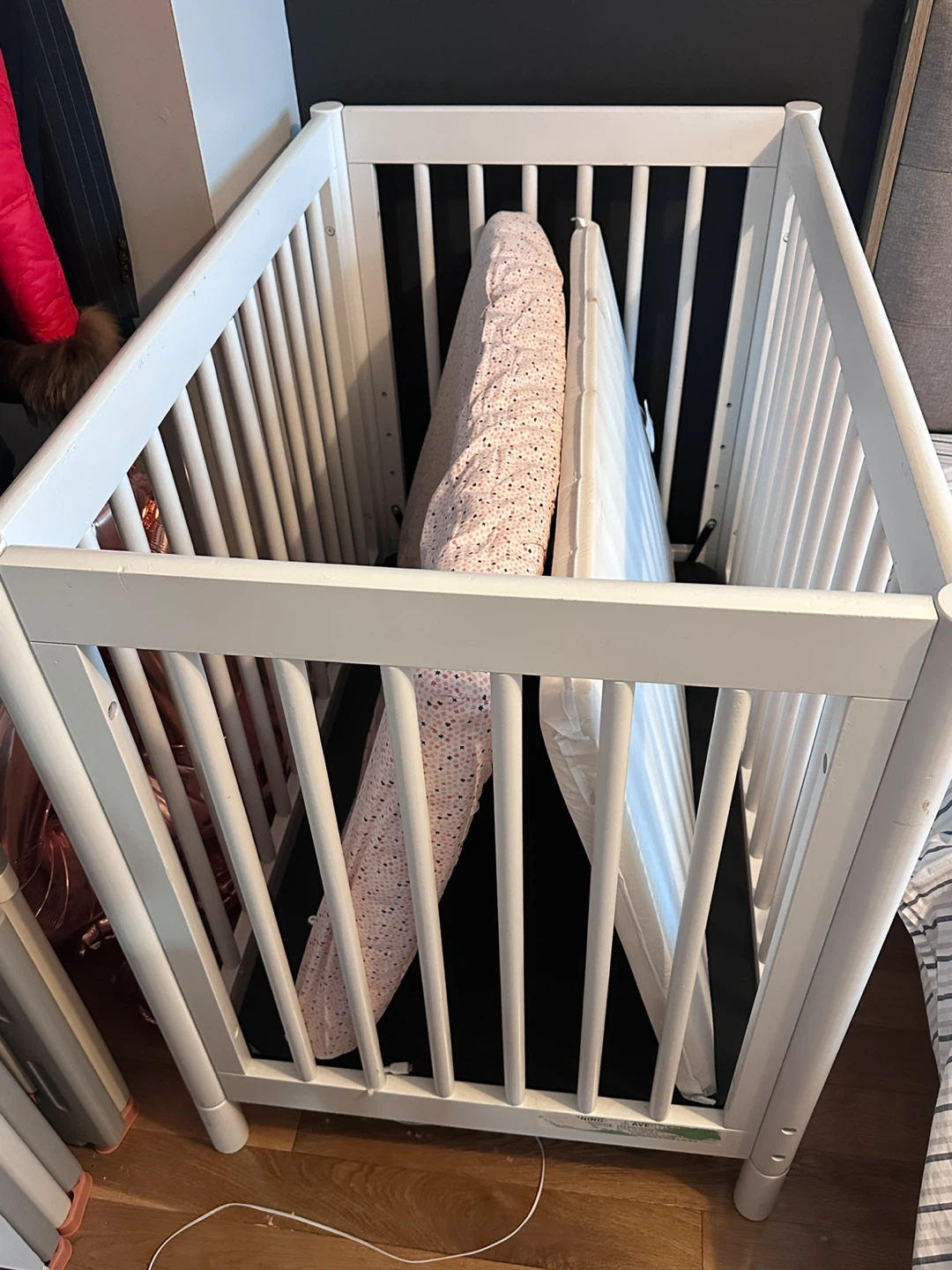 White Crib with Mattress and Sheet