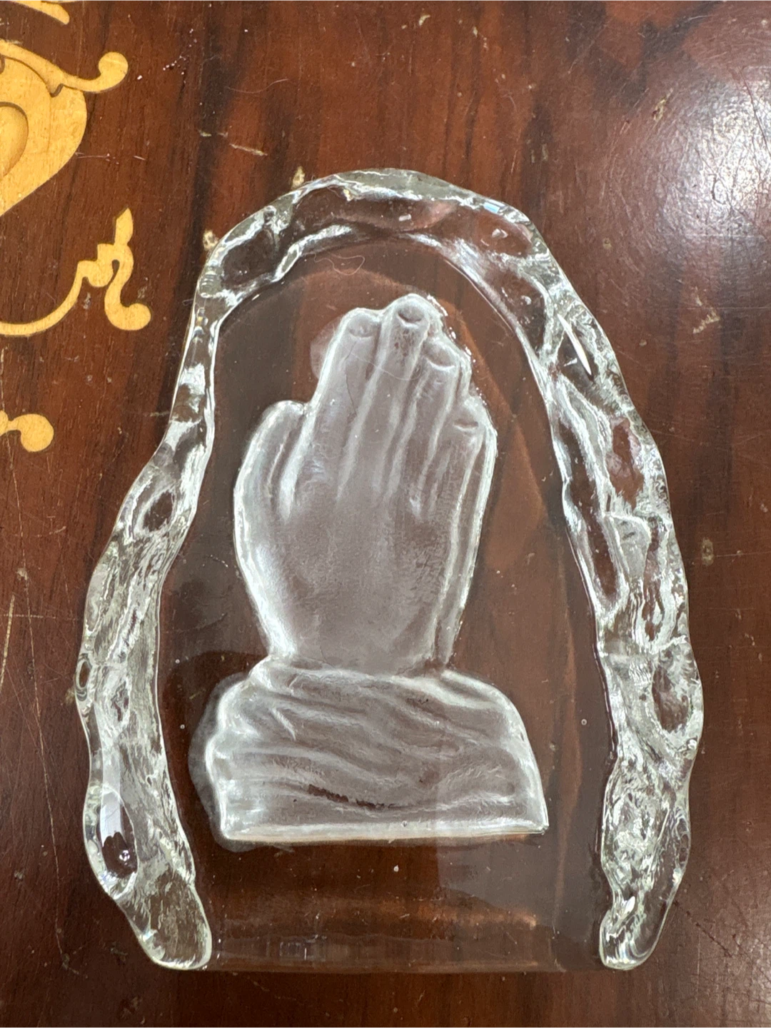 Glass praying hands decorative sculpture