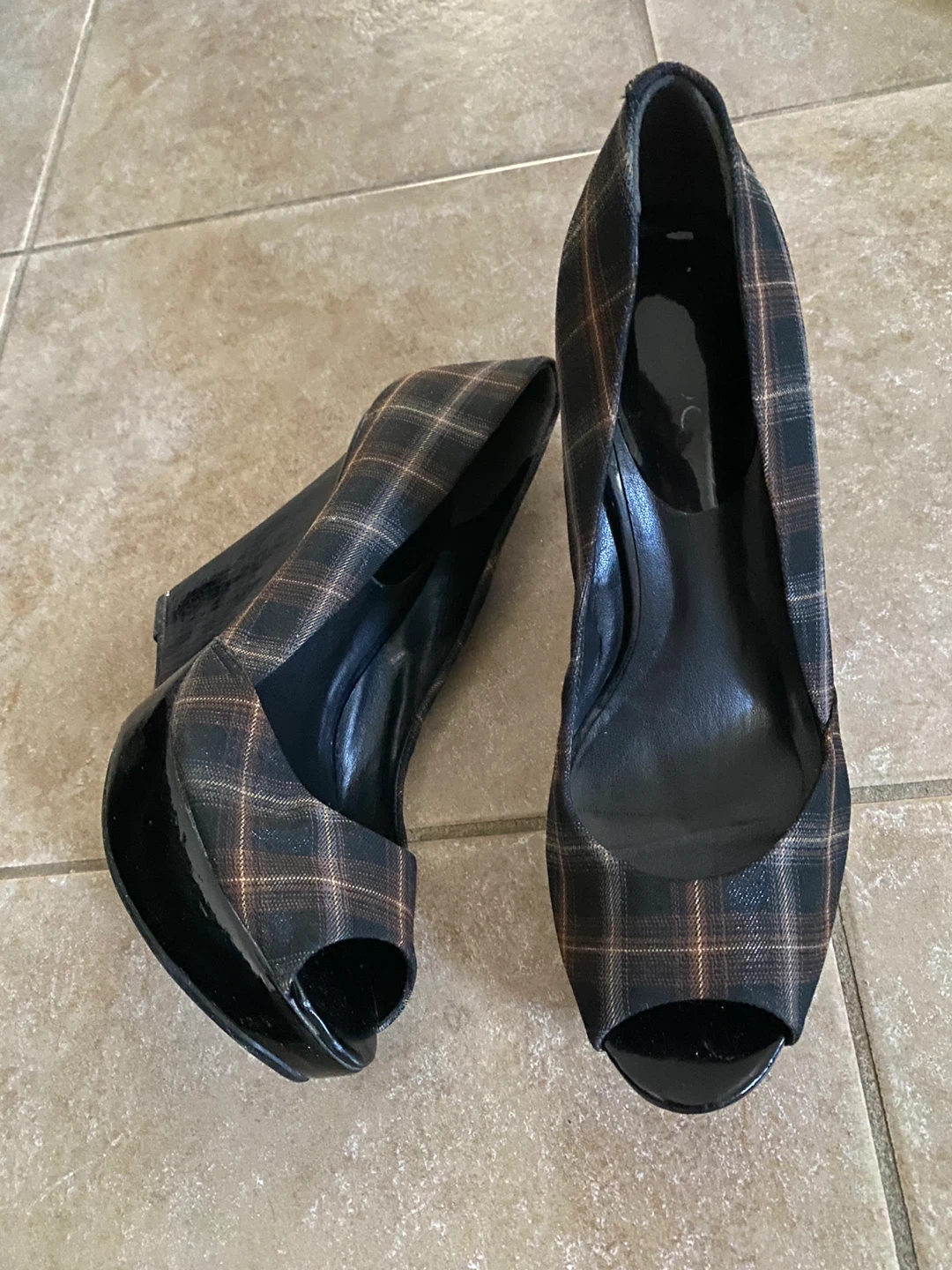 Women's Plaid Peep-Toe Wedge Heels