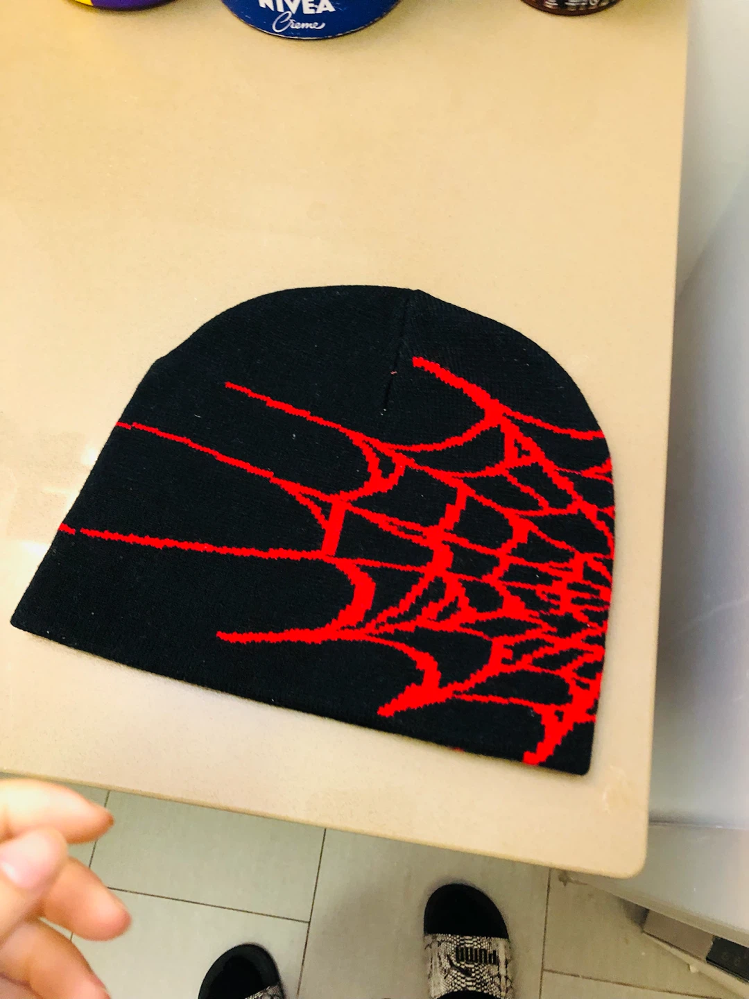 Black Beanie with Red Spiderweb Design