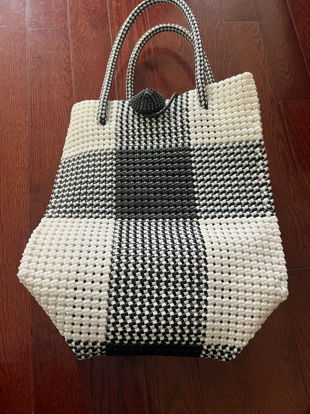 Black and White Buffalo Check Woven Tote Bag