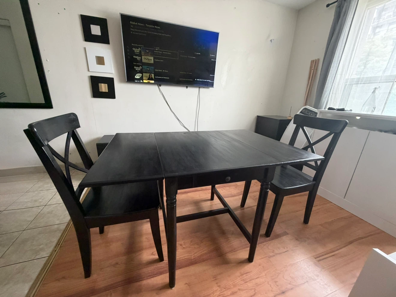 Black Drop Leaf Dining Table with Drawer & 2 Chairs
