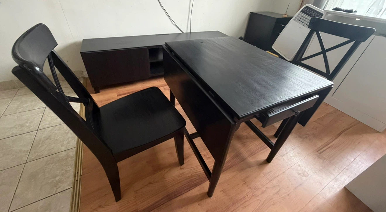 Black Drop Leaf Dining Table with Drawer & 2 Chairs - photo 3