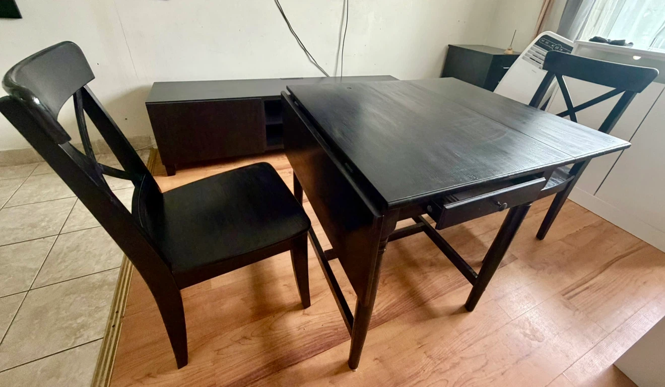 Black Drop Leaf Dining Table with Drawer & 2 Chairs - photo 4