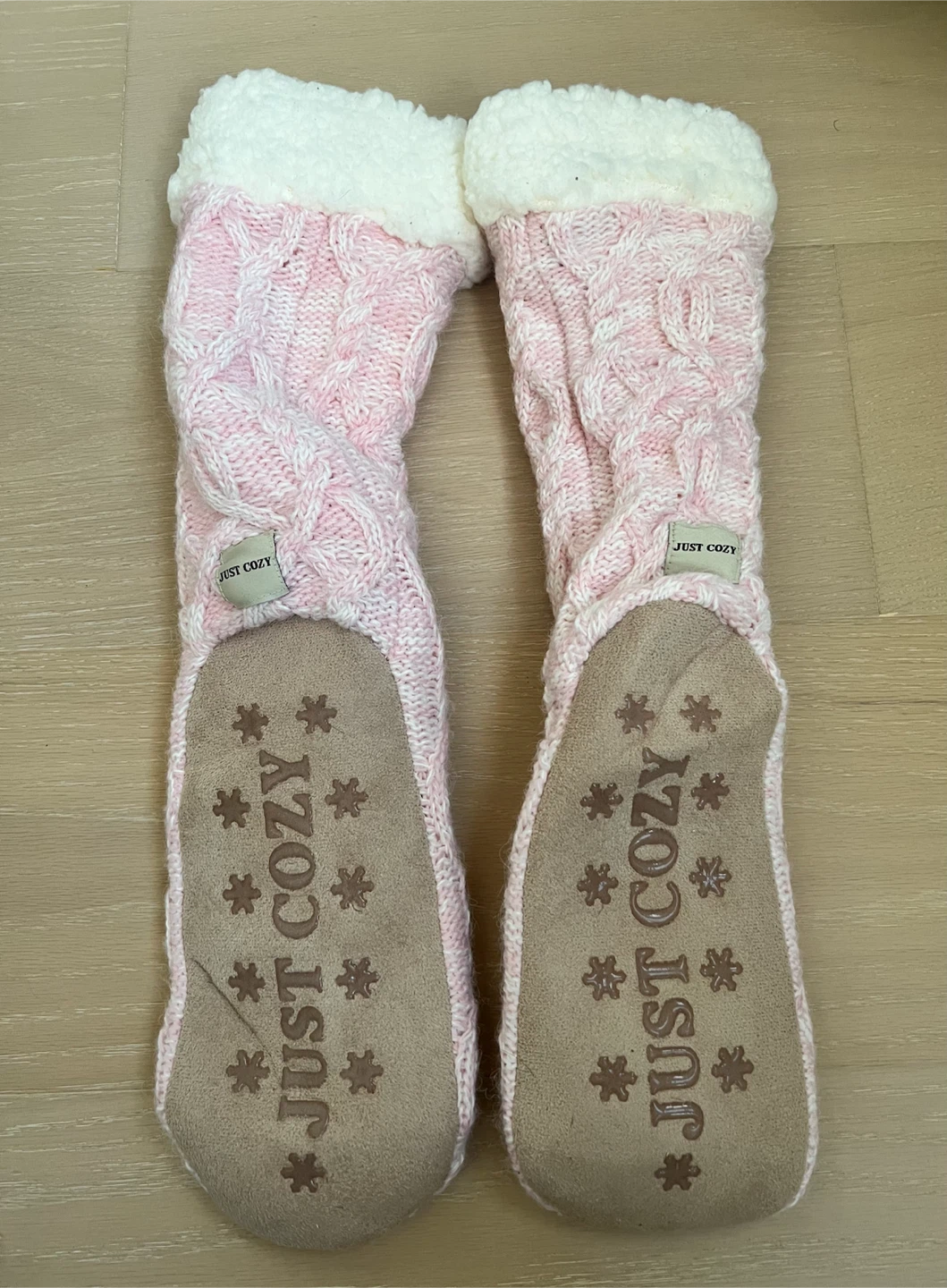 JUST COZY Pink Cable Knit Sherpa Lined Slipper Socks