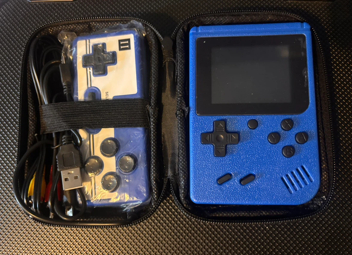 Blue Handheld Retro Gaming Console with Case