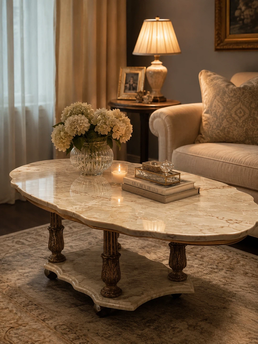 Marble Top Coffee Table with Ornate Legs