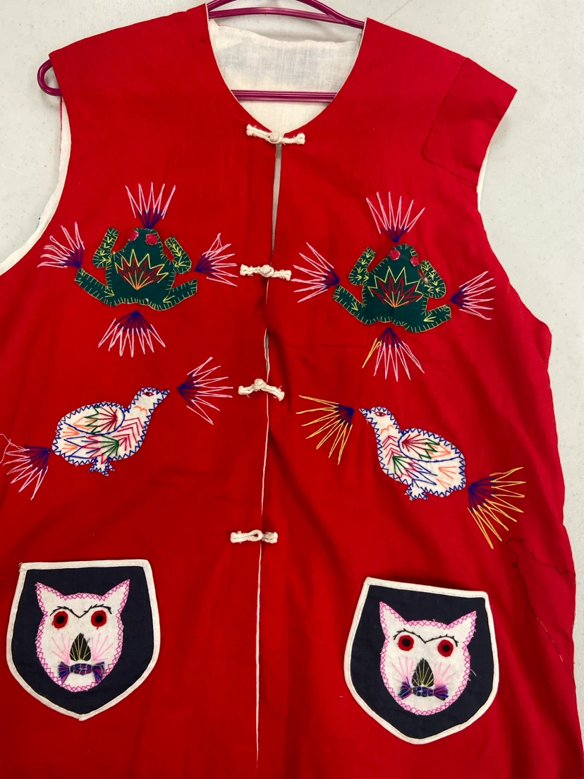 Red Quilted Vest with Embroidered Animals and Critters