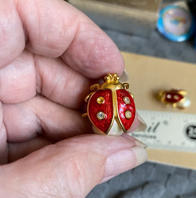Ladybug Pearl Brooch Pin Set Red Enamel Gold Tone Rhinestones