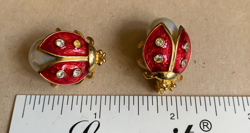 Ladybug Pearl Brooch Pin Set Red Enamel Gold Tone Rhinestones - photo 3