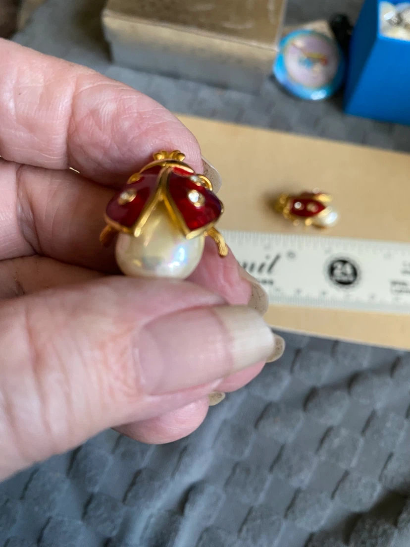 Ladybug Pearl Brooch Pin Set Red Enamel Gold Tone Rhinestones - photo 4