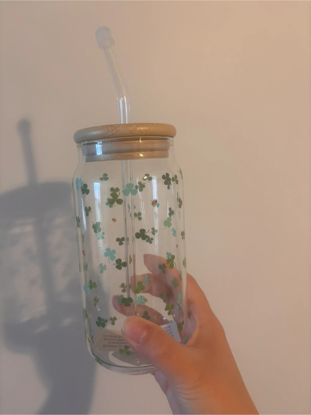 Glass Tumbler with Straw and Shamrock Design