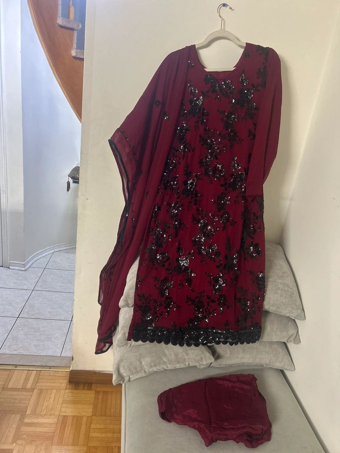Women's 3-Piece Maroon Sequined Kameez Salwar