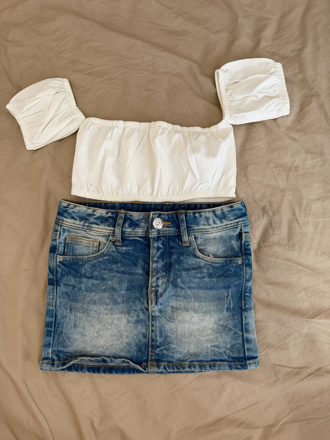 White off-the-shoulder crop top and denim skirt set