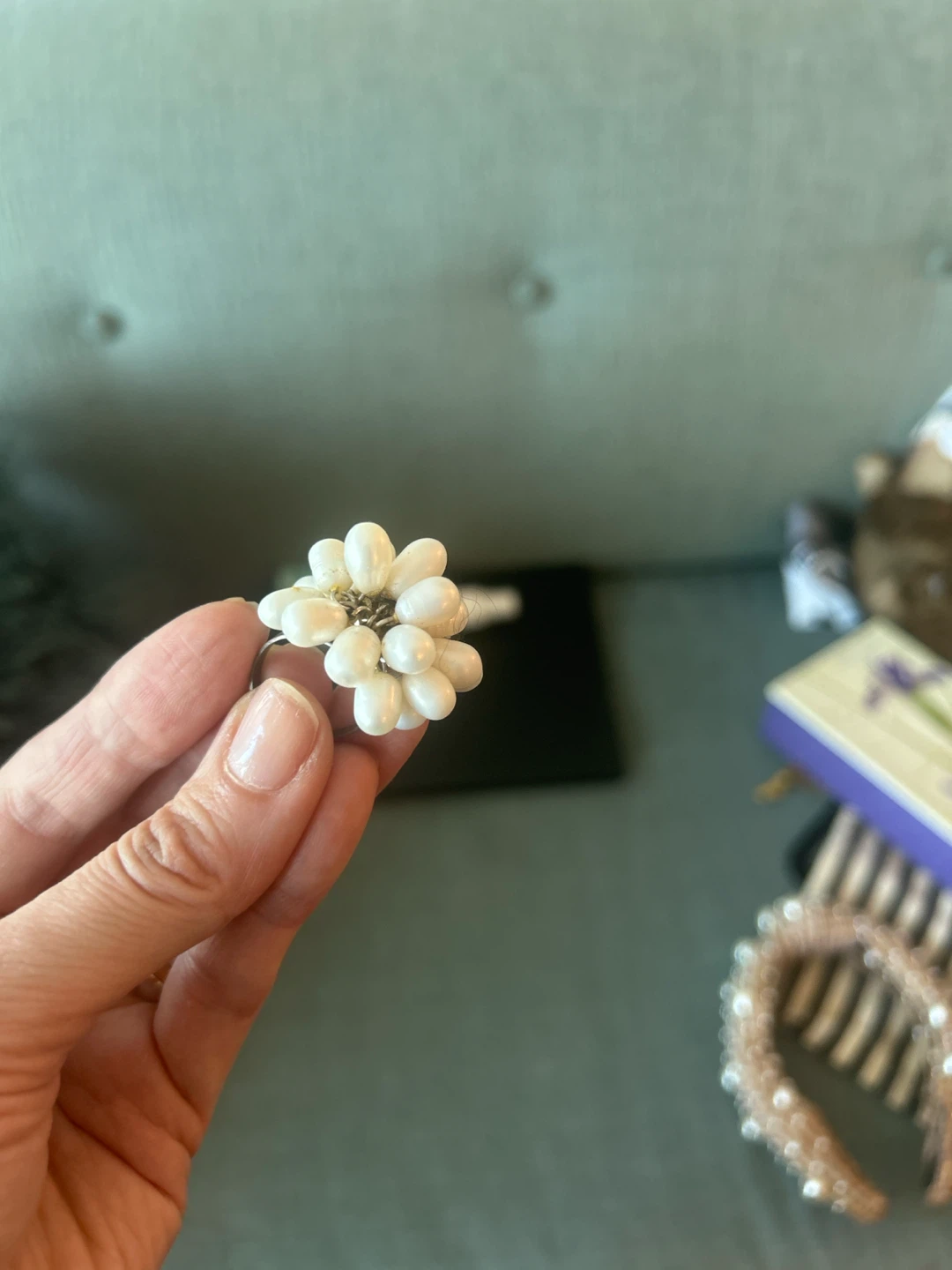 Floral Ring with White Beads