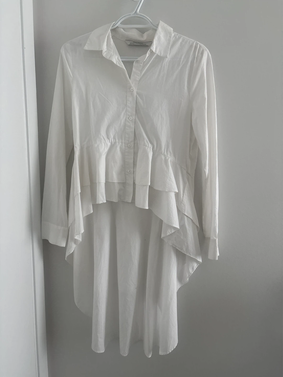 Zara Women White Ruffled High-Low Shirt