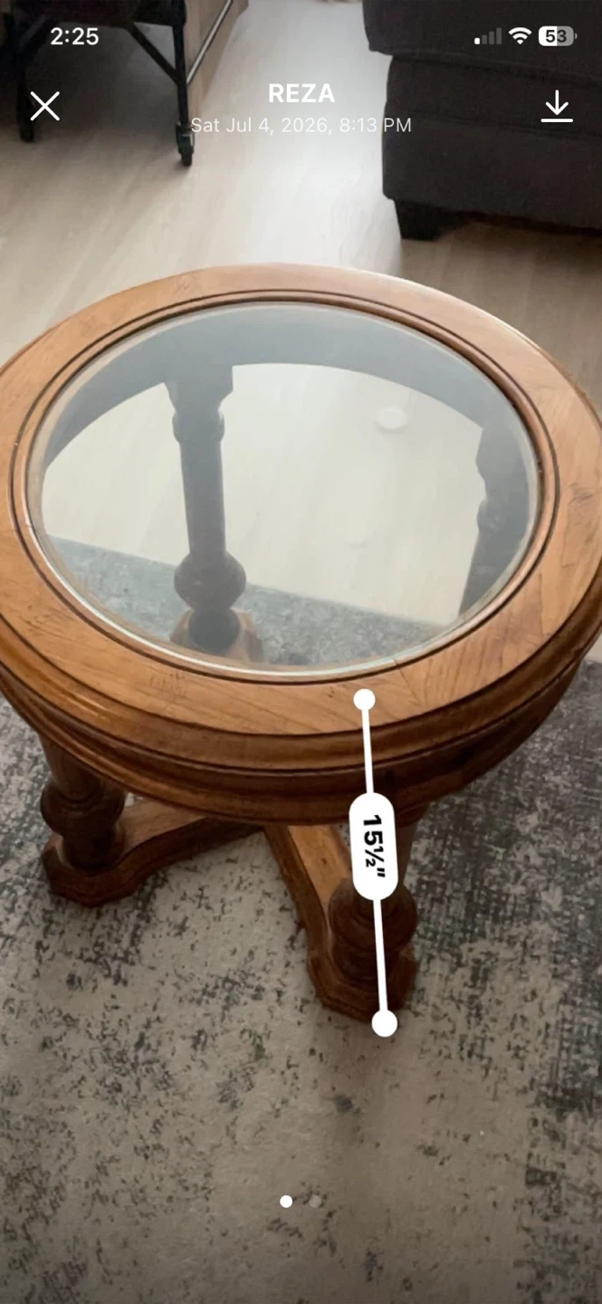Vintage Round Wooden Side Table with Glass Top - photo 2