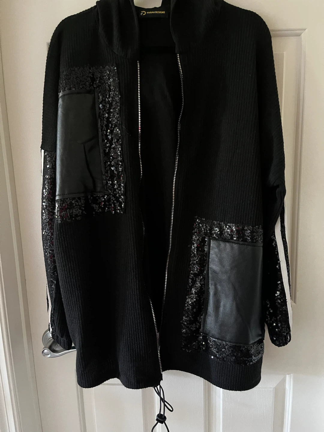 Black Sequin & Faux Leather Trim Hoodie