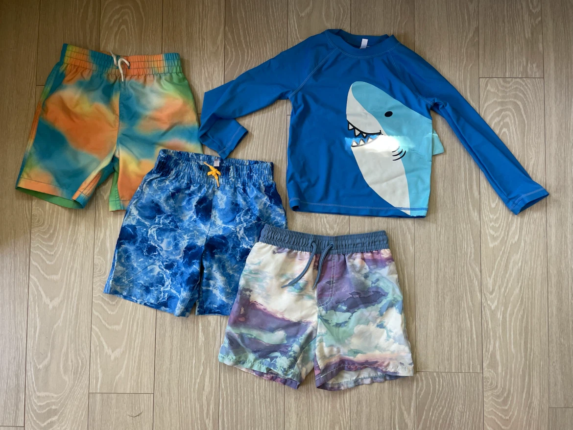 4T - 3 swim trunks and 1 rash guard