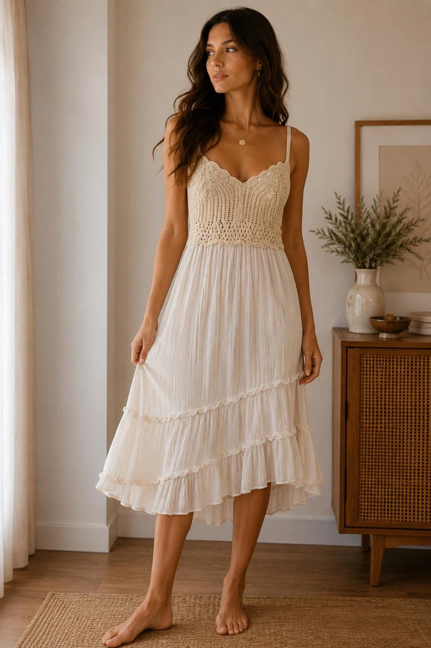 Cream Crochet Cami Midi Dress