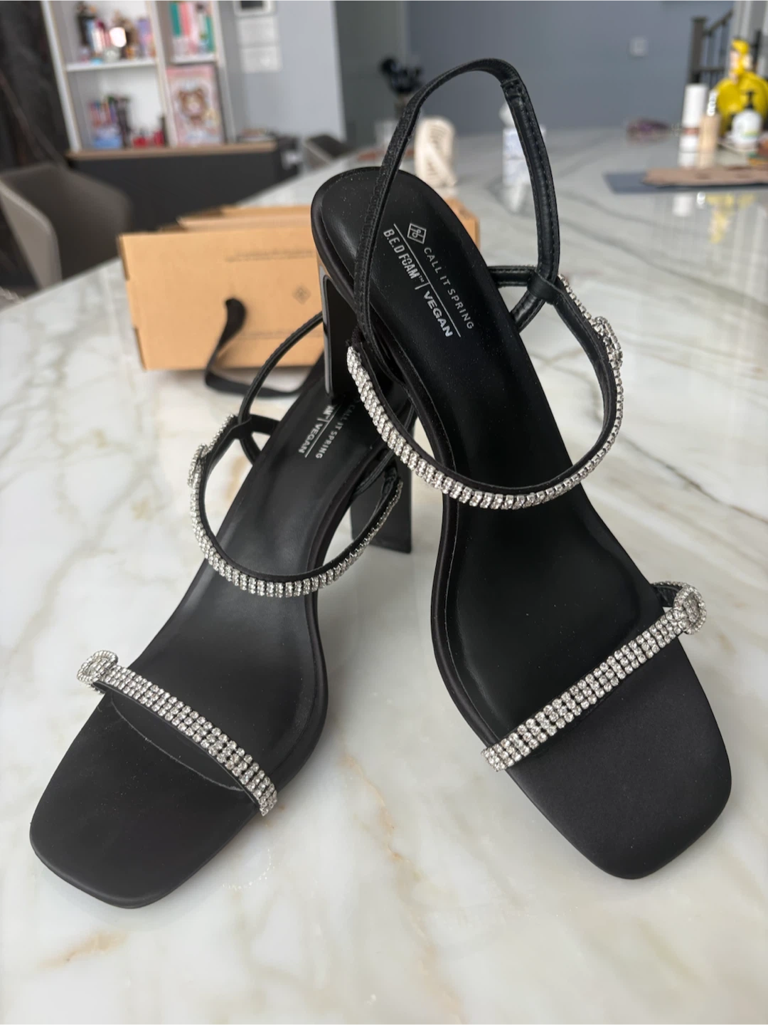 Call It Spring Black Embellished Heeled Sandals Size 8