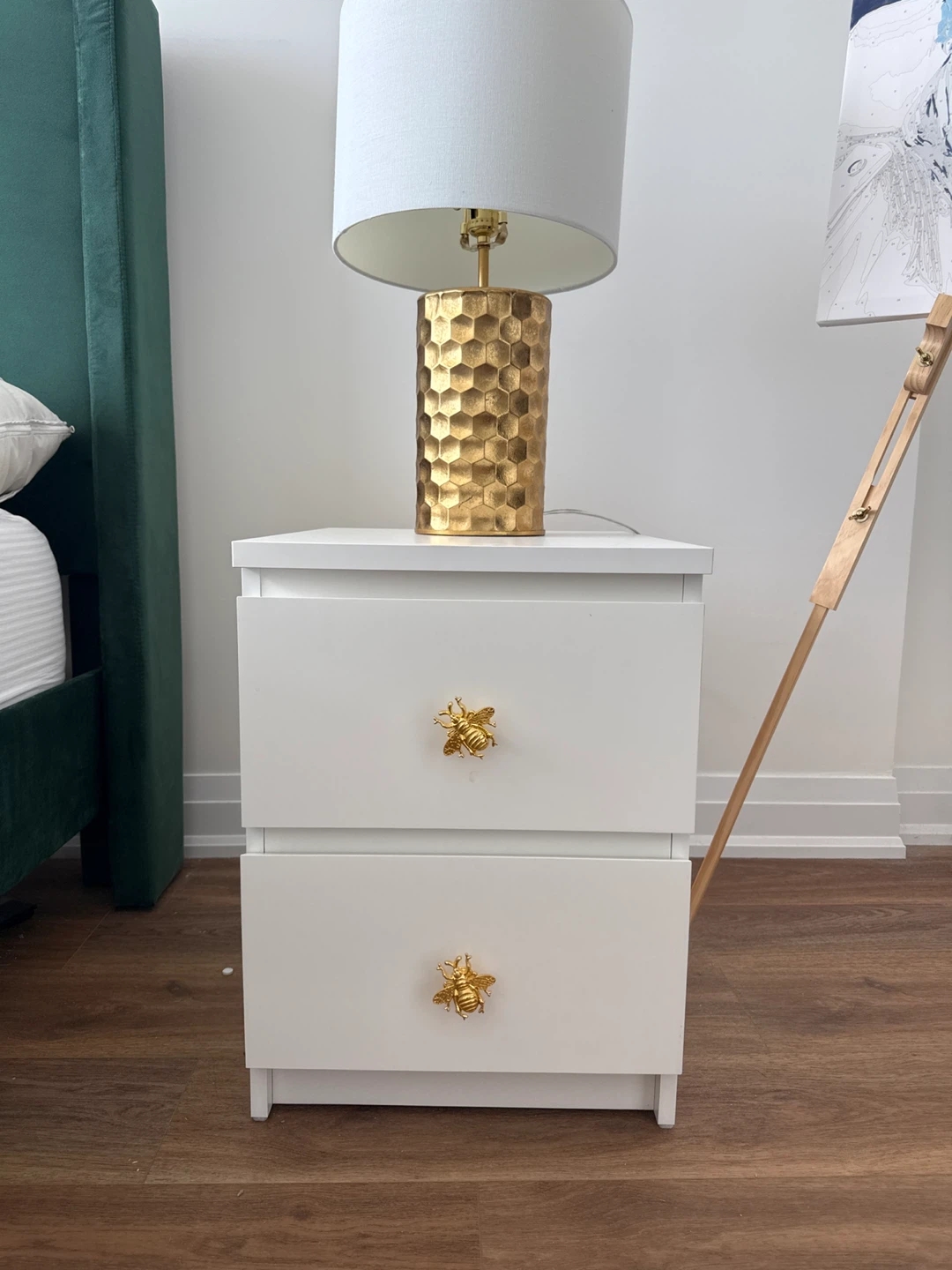 White 2-Drawer Nightstand with Bee Knobs