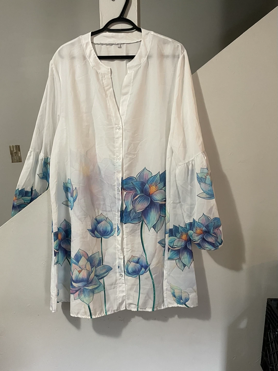 Beach cover up-Blouse with Blue Floral Print