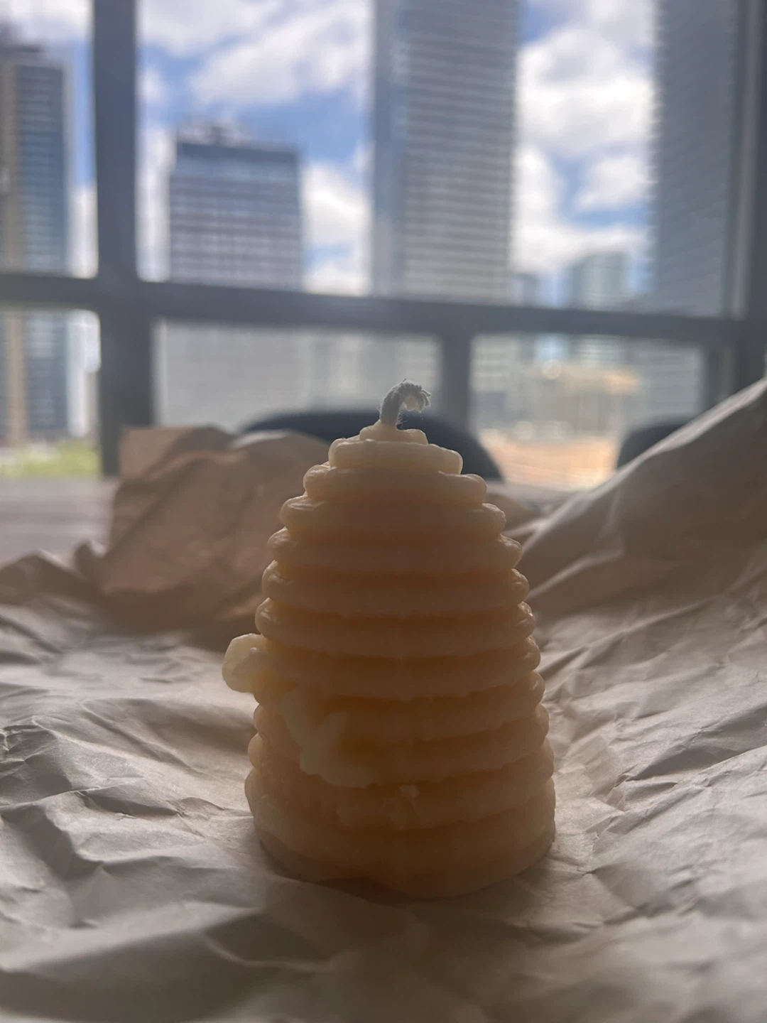 Hive-shaped beeswax candle