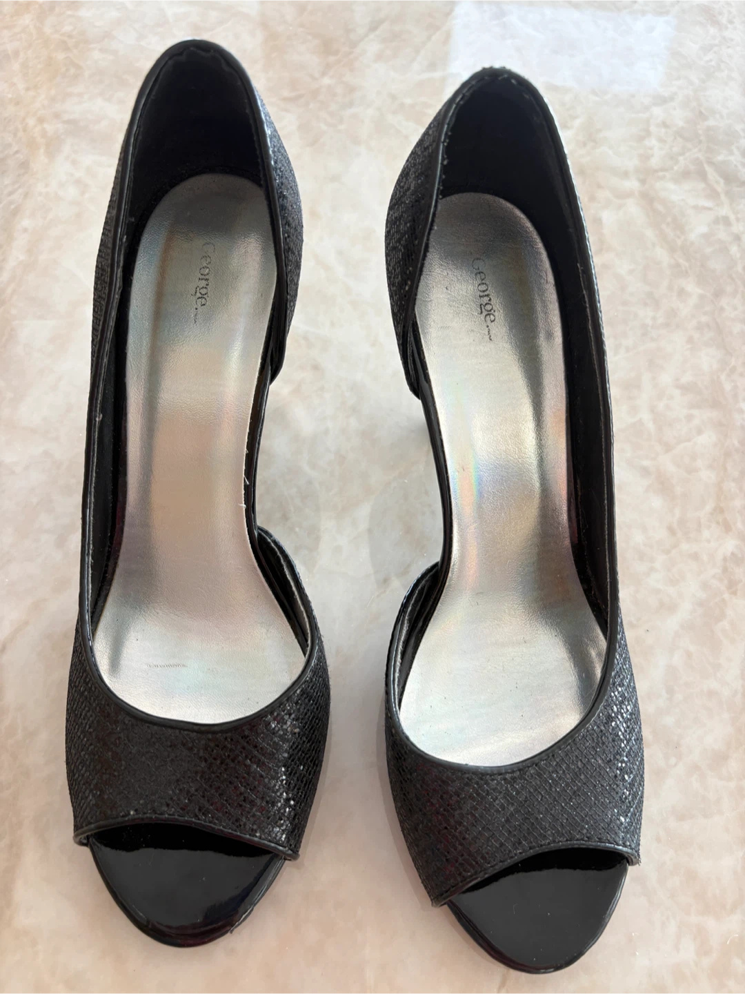Size 10 Black Glitter Peep-Toe Heels