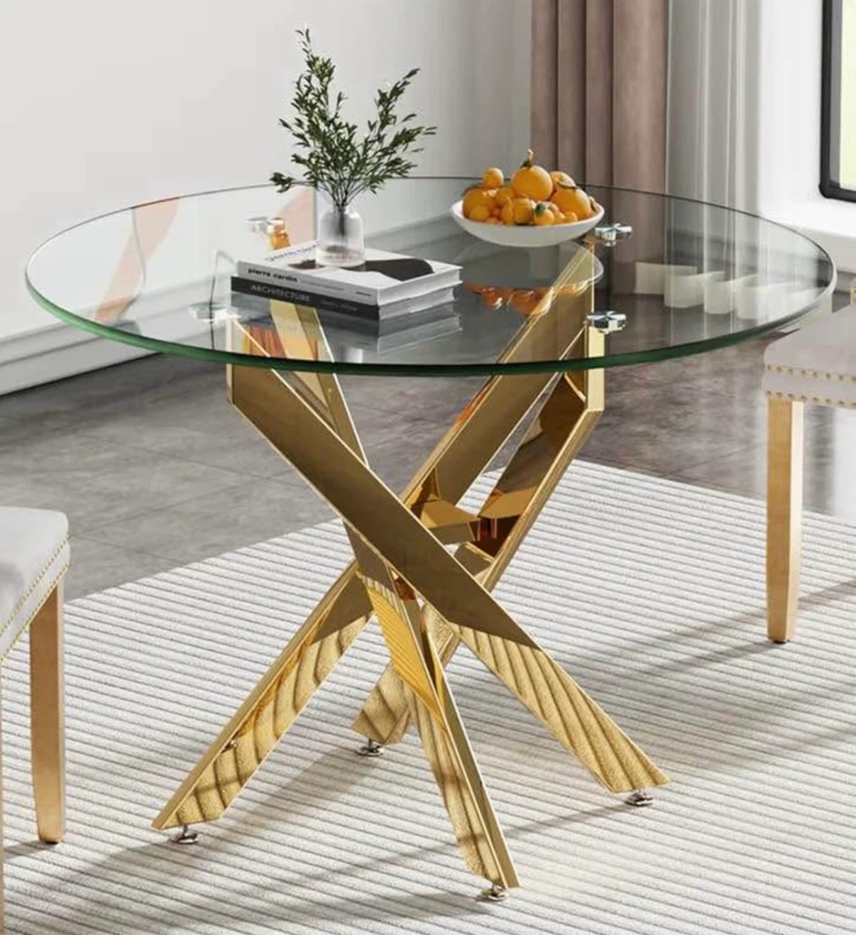 Round Glass Dining Table with Gold X-Base