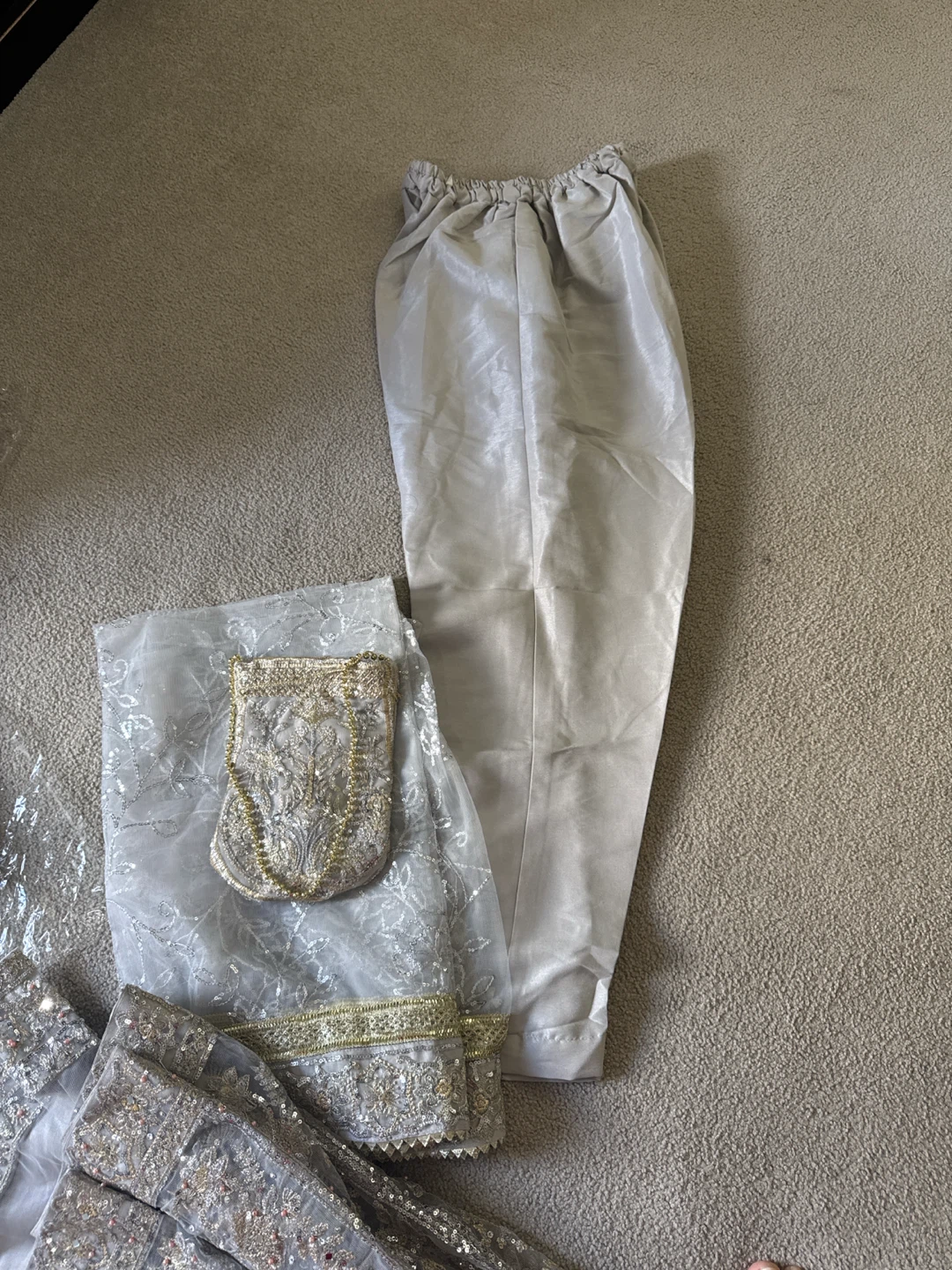 Embellished Grey Maxi Dress with Pants and Clutch