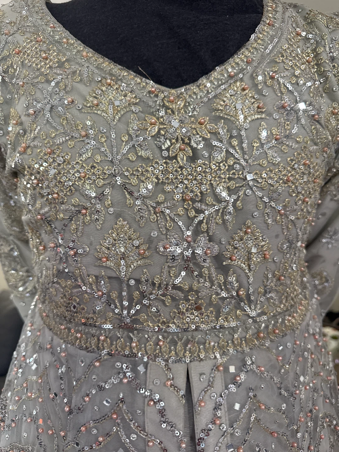 Embellished Grey Maxi Dress with Pants and Clutch - photo 4