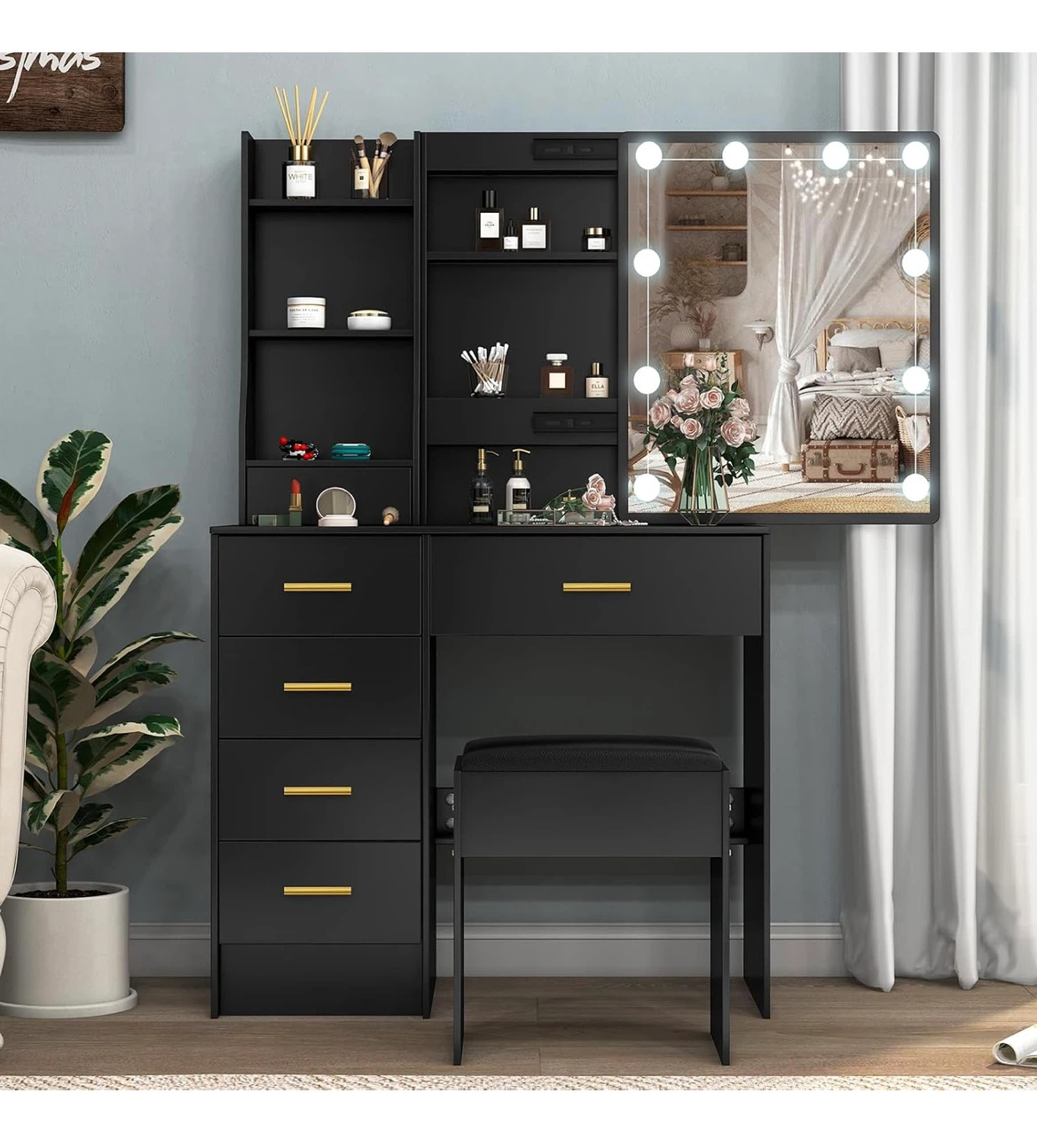 Black Vanity Table with Lighted Mirror and Stool