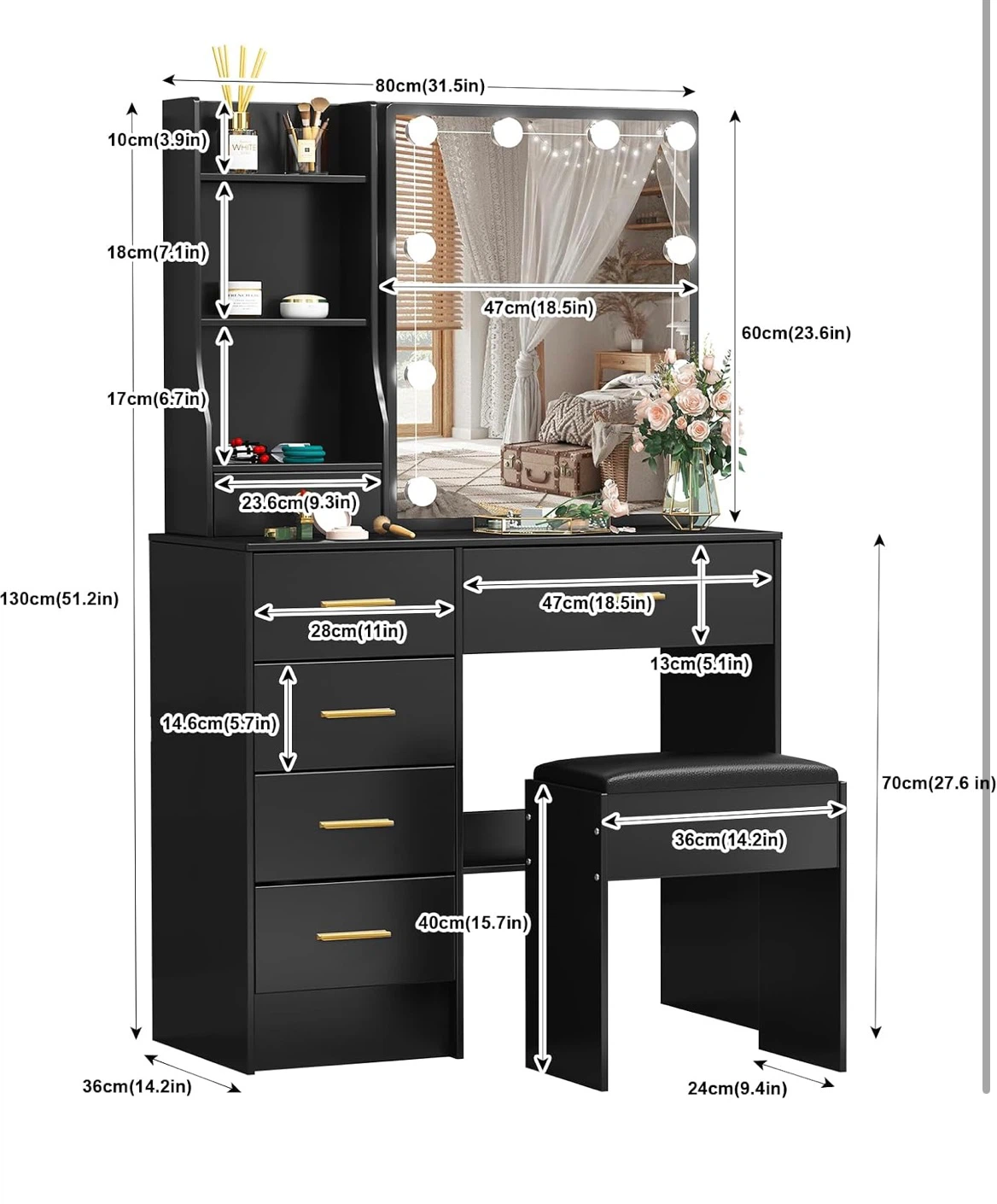 Black Vanity Table with Lighted Mirror and Stool - photo 2
