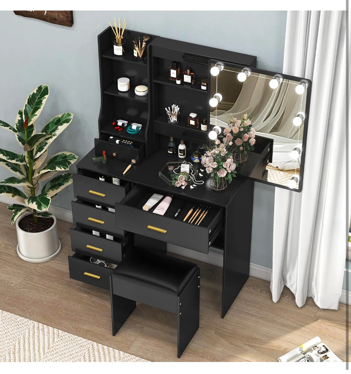 Black Vanity Table with Lighted Mirror and Stool - photo 4