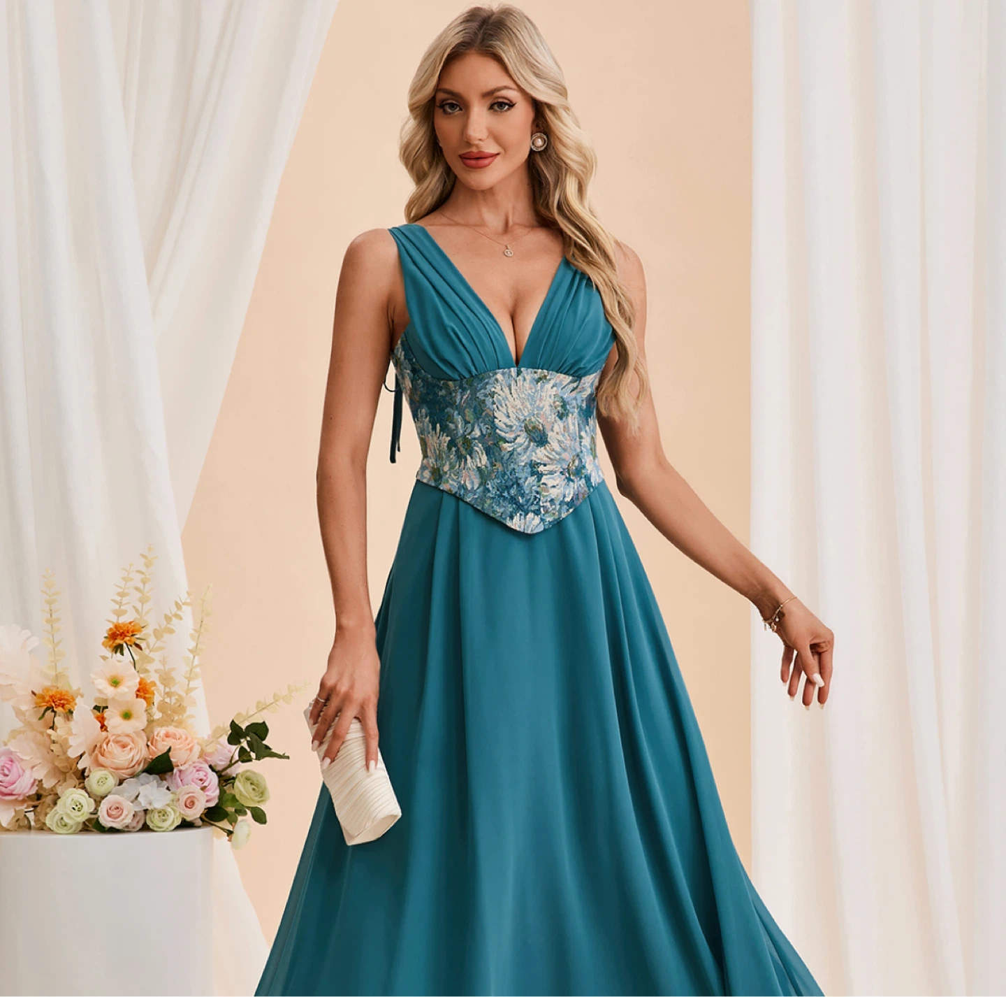 Women's Teal Floral Print Corset Gown