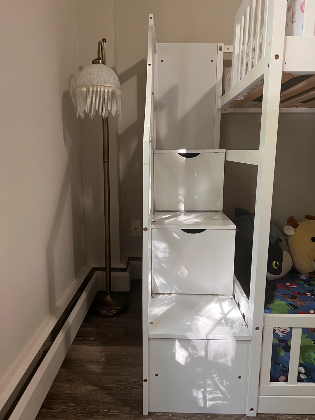White Twin over Twin Bunk Bed with Stairs and Storage - photo 3