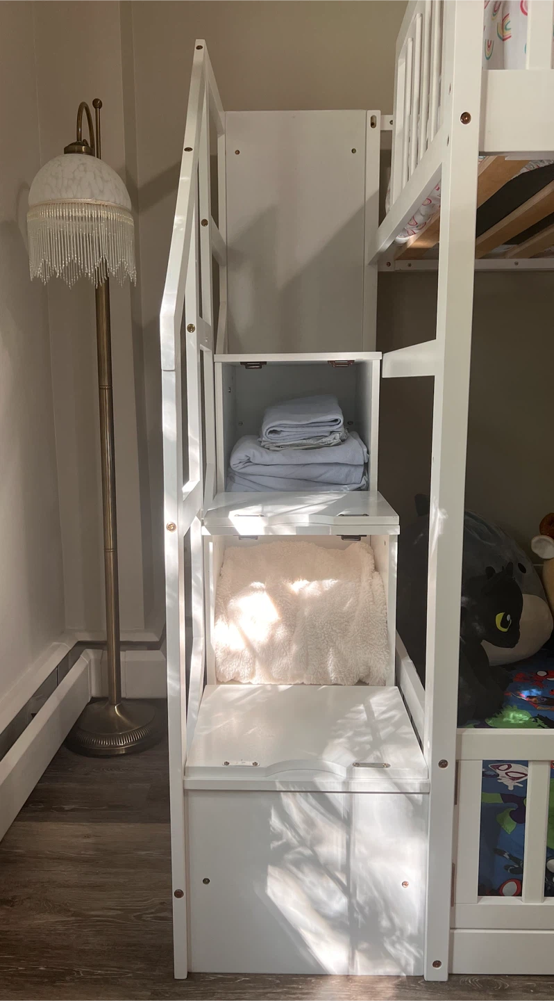White Twin over Twin Bunk Bed with Stairs and Storage - photo 4