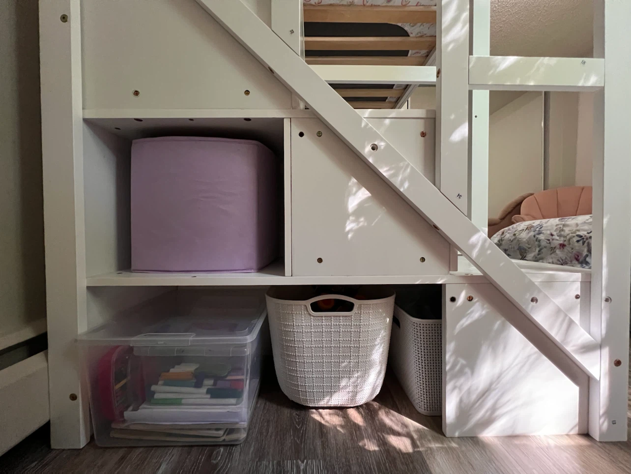 White Twin over Twin Bunk Bed with Stairs and Storage - photo 5