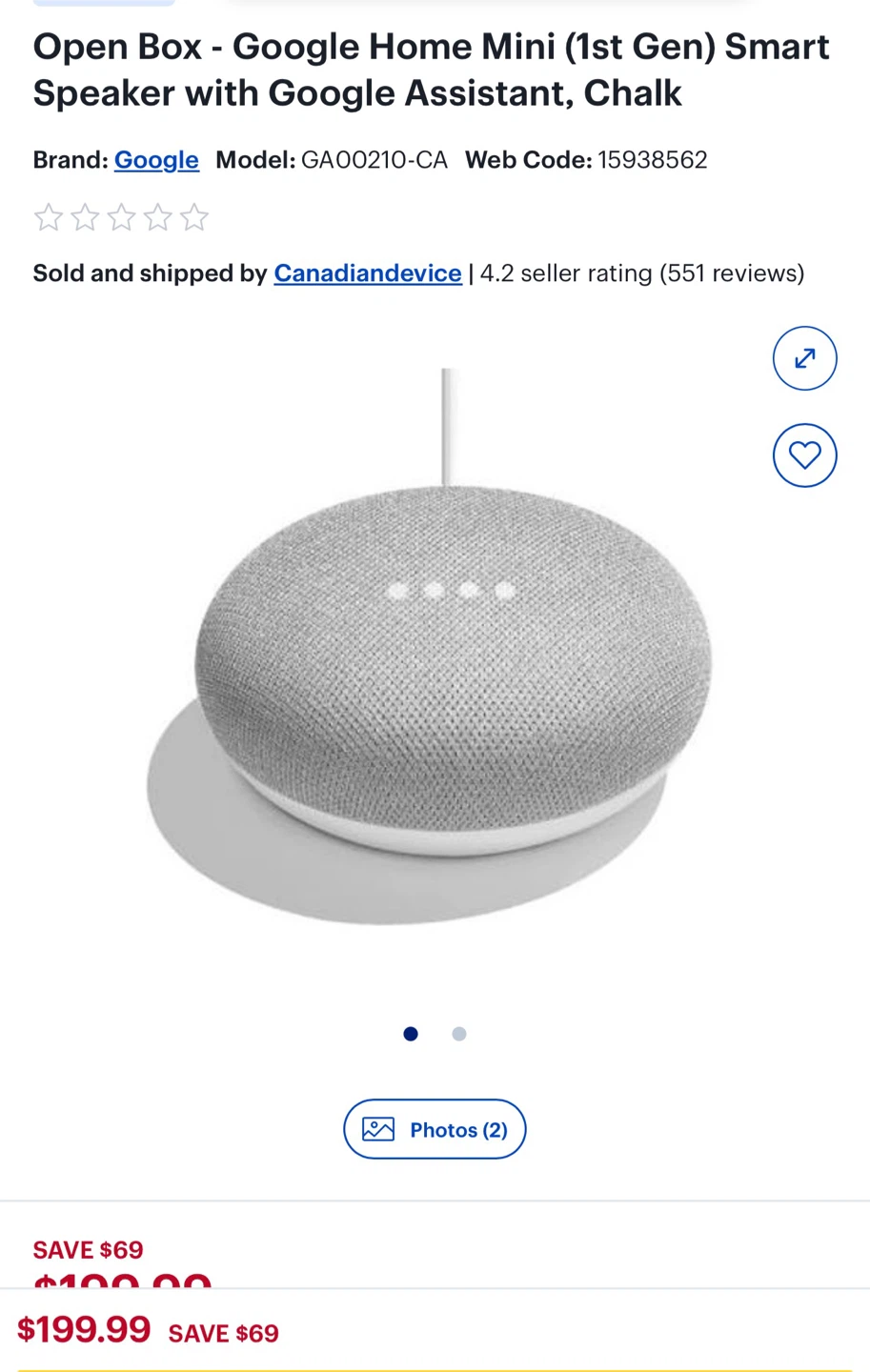 Google Home Mini (1st Gen) Smart Speaker, Chalk