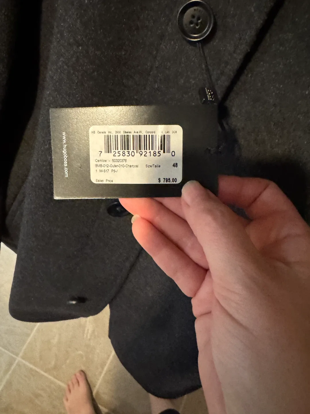 BOSS Hugo Boss Charcoal Wool Blend Coat - Size 48