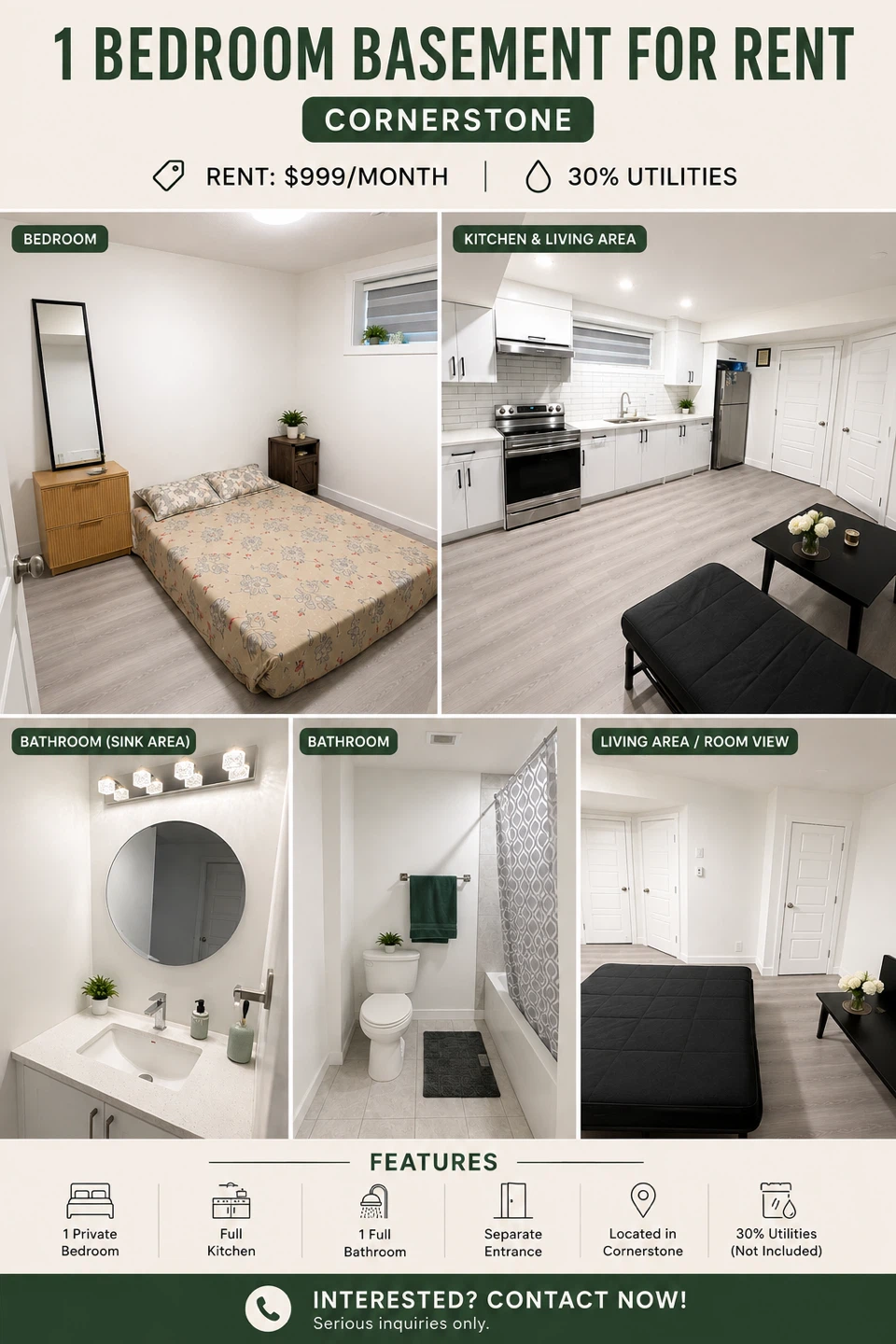 1 Bedroom Basement for Rent