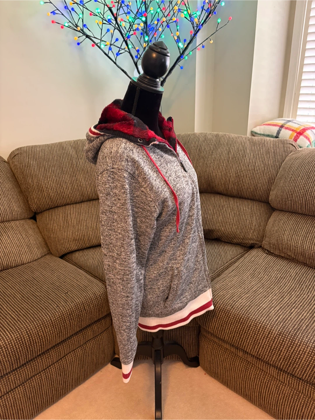 ✨✨Grey Zip-Up Hoodie with Plaid & Faux Fur Trim - photo 2