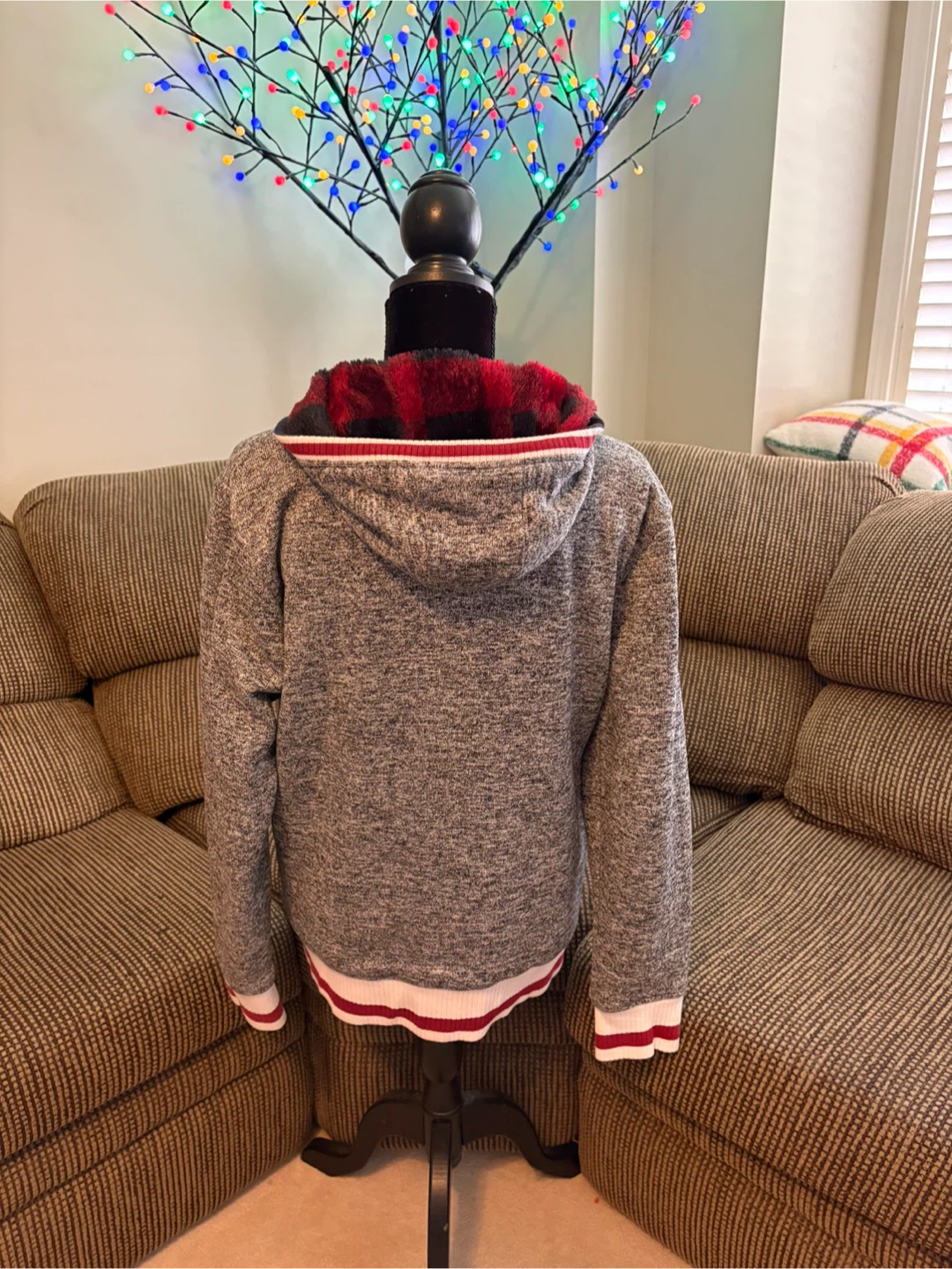 ✨✨Grey Zip-Up Hoodie with Plaid & Faux Fur Trim - photo 3